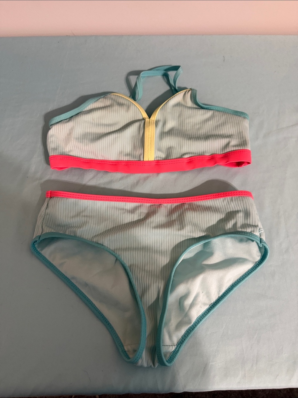 Justice Mint Ribbed Two-Piece Bikini with Pink & Yellow Accents